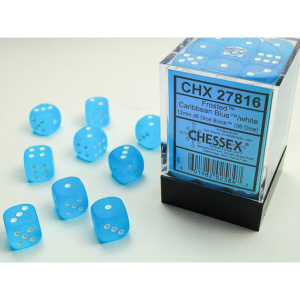 Frosted Caribbean Blue/white 12mm d6 Dice Block - (36 Dadi)
