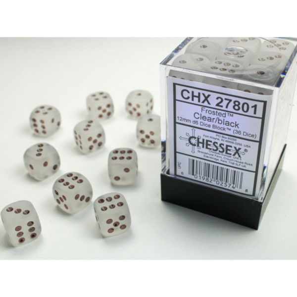 Frosted Clear/black 12mm d6 Dice Block - (36 Dadi)