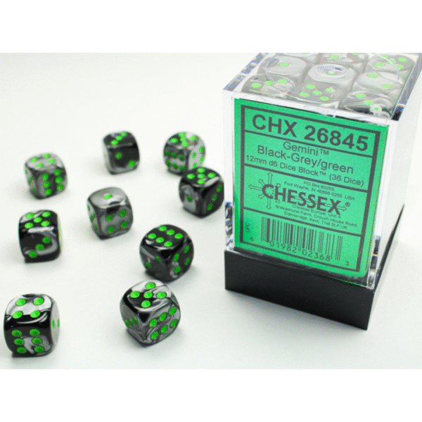 Gemini Black-Grey/green 12mm d6 Dice Block (36 Dadi)