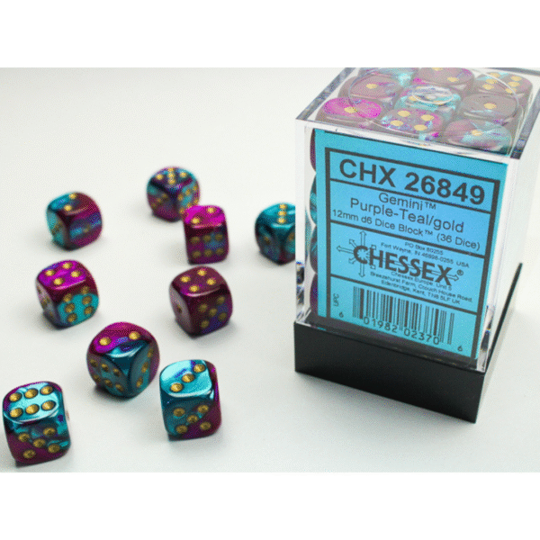 Gemini Purple-Teal/gold 12mm d6 Dice Block (36 Dadi)