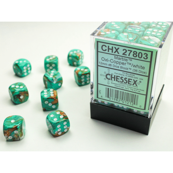Marble Oxi-Copper/white 12mm d6 Dice Block - (36 Dadi)