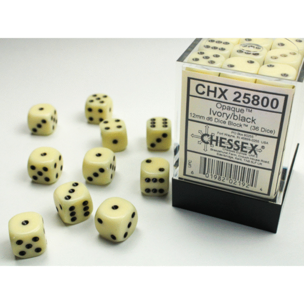 Opaque Ivory/black 12mm d6 Dice Block - (36 Dadi)