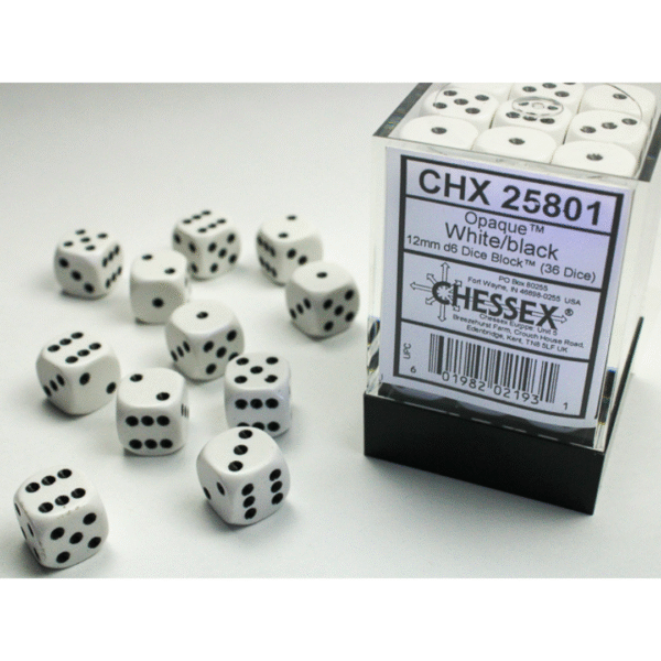 Opaque White/black 12mm d6 Dice Block - (36 Dadi)