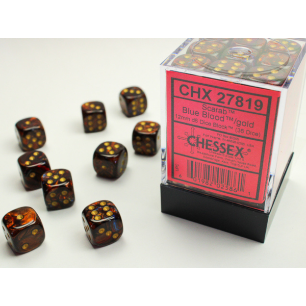 Scarab Blue Blood/gold 12mm d6 Dice Block - (36 Dadi)