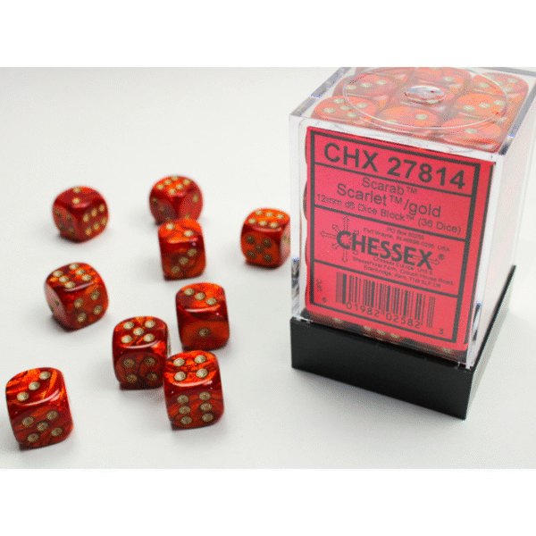 Scarab Scarlet/gold 12mm d6 Dice Block - (36 Dadi)