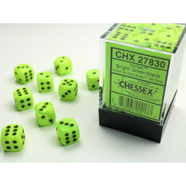 Vortex Bright Green/black 12mm d6 Dice Block - (36 Dadi)