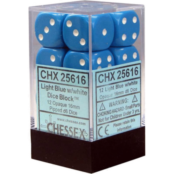 Set 12 Dadi D6 (16mm) Opachi Azzurro/Bianco