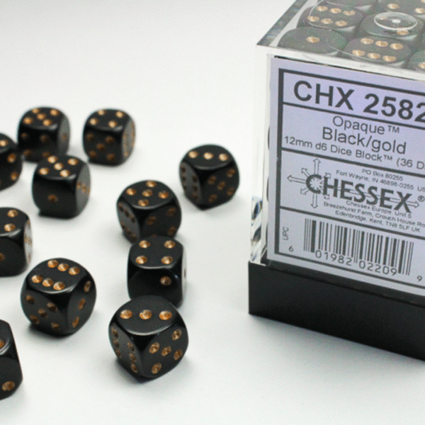 Set 36 Dadi D6 (12 mm) Opachi Nero/Oro
