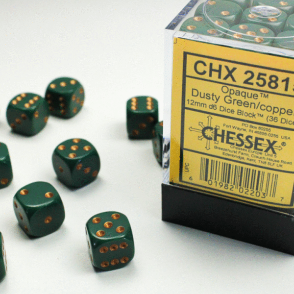 Set 36 Dadi D6 (12 mm) Opachi Verdi/Rame