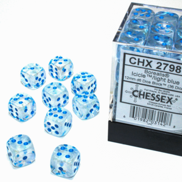 Borealis Icicle/light blue Luminary 12mm d6 Dice Block (36 dice)