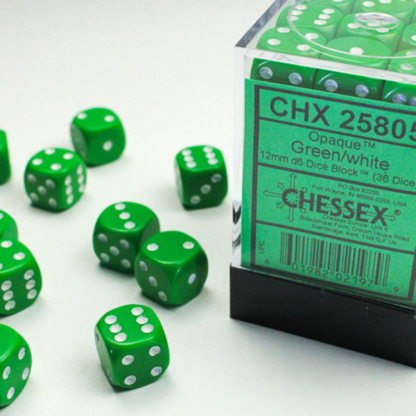 Opaque Green/White 12mm D6 Dice Block (36 Dadi)