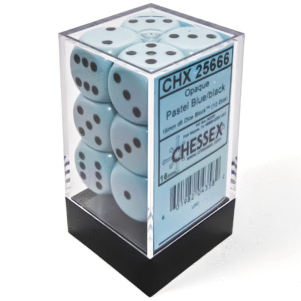 Opaque Pastel Blue/black 16mm d6 Dice Block (12 Dadi)