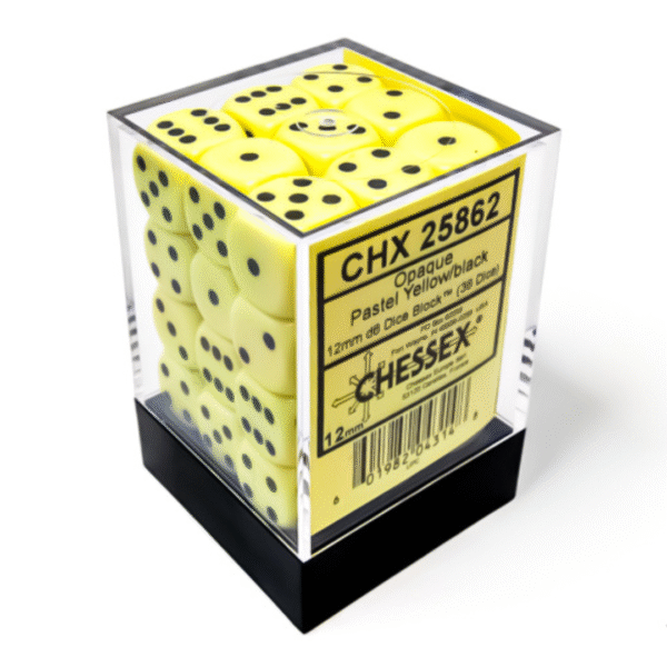 Opaque Pastel Yellow/black 12mm d6 Dice Block (36 Dadi)