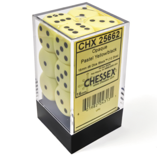 Opaque Pastel Yellow/black 16mm d6 Dice Block (12 Dadi)