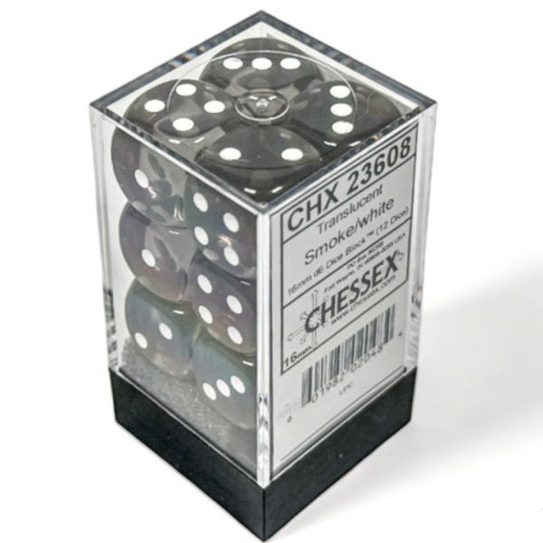 Translucent Smoke/white 16mm d6 Dice Block (12 Dadi)