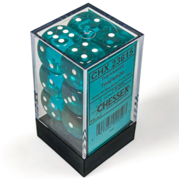 Translucent Teal/White 16mm d6 Dice Block (12 Dadi)
