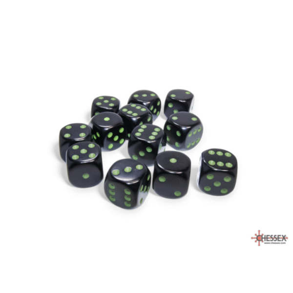 Set 12 Dadi D6 (16mm) - Opaque Black/Green