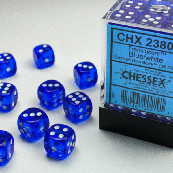 Set 36 Dadi D6 (12mm) - Translucent Blue/White