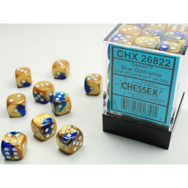 Chessex - Set 36 Dadi D6 (12mm) - Gemini Blue-Gold/White