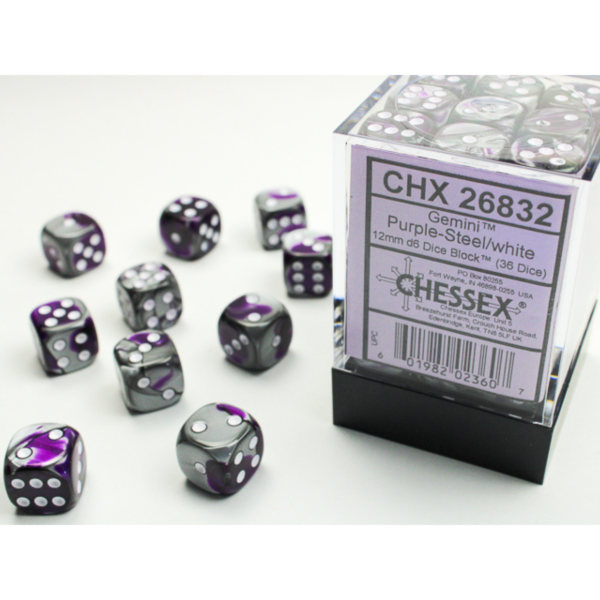 Chessex - Set 36 Dadi D6 (12mm) - Gemini Purple-Steel/White